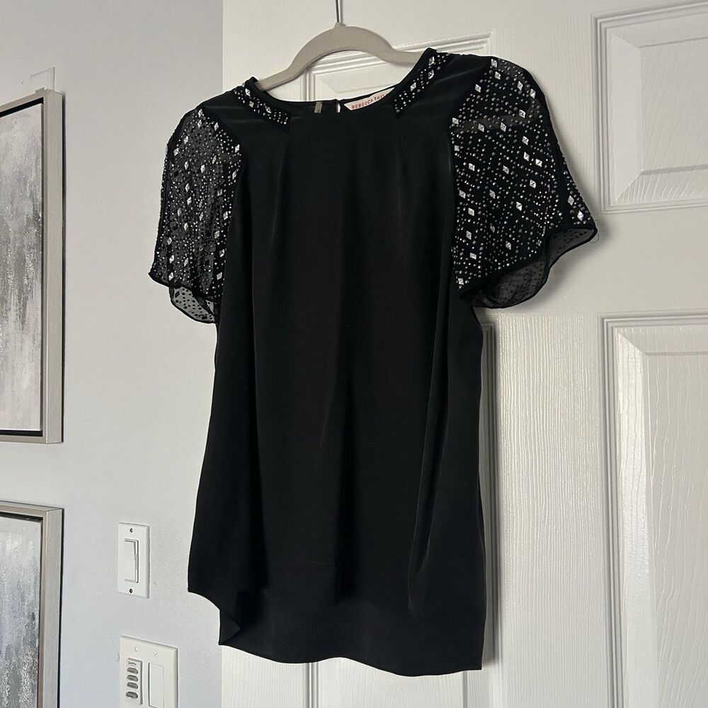 Rebecca Taylor Silk Short Sleeve Top Beaded  Black  S
